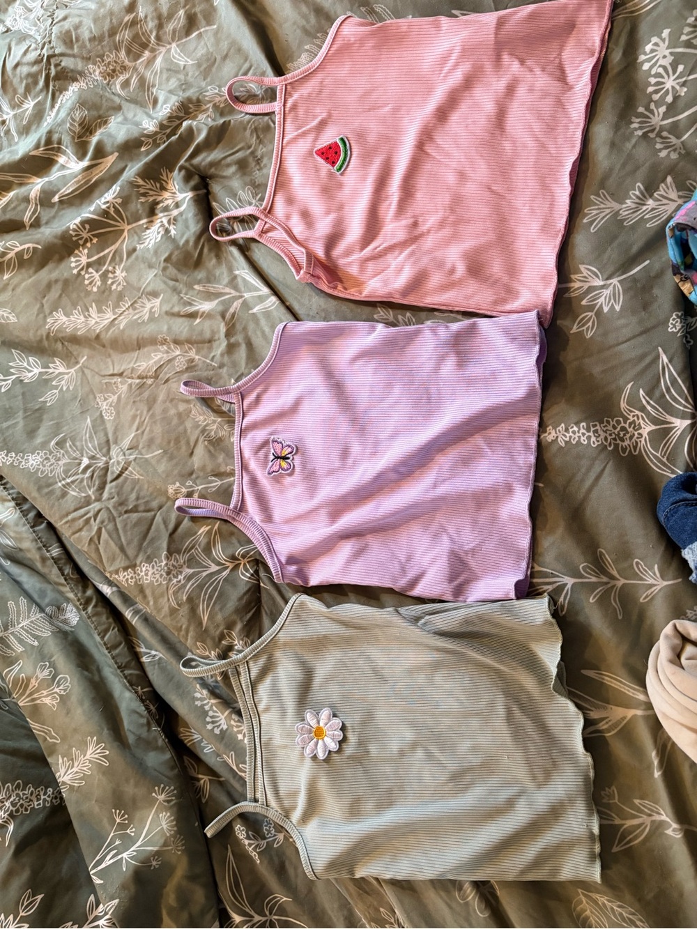 SHEIN Pink, Lavender & Sage Ribbed Tank Top Set with Embroidered Motifs